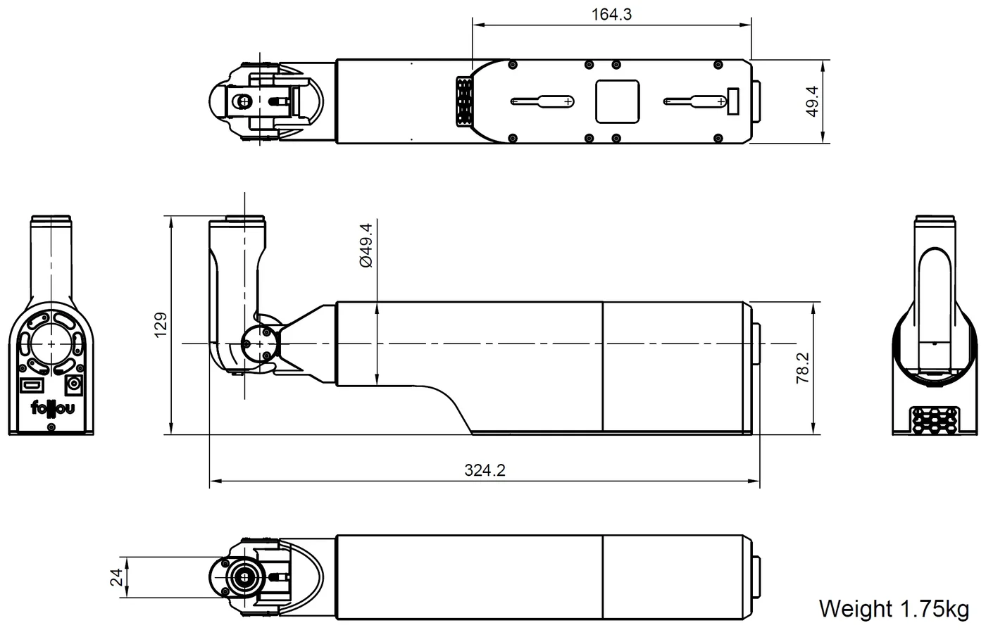 Dimension drawing of the Avatar Port: 324.2 mm long, 129 mm high, 49.4 mm wide